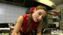 Latex Slut is stuffed in the kitchen