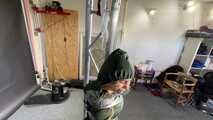 Rey Sanson broke into the wrong House getting bound and gagged in her Rainwear by to other Burglers