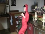 Jill Diamond wearing supersexy red rainwear in her bar playing with herself (Video)