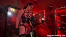 Rubber Sissy is trained to suck the first real cock. 