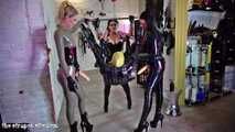 Three rubber goddesses gangbang a poor,bound slave