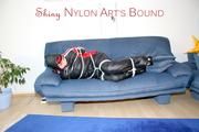 Jill tied and gagged wearing shiny nylon oldschool downwear (Pics)