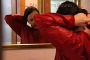 Jill ties, gagges and hoodes herself in front of a mirror and in an strairway wearing a sexy shiny nylon rain pants in black and a red rain jacket (Pics)