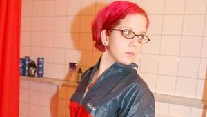 Marlin preparing her call it a day wearing oldschool sexy shiny nylon shorts and a rainjacket (Pics)