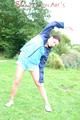 Enni wearing sexy blue shiny nylon shorts and rainjacket during her warm-up (Pics)