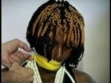 21 Yr OLD BLACK COLLEGE STUDENT GETS MOUTH STUFFED, WRAP TAPE GAGGED WHILE TIED TO A CHAIR  WEARING BLACK LINGERIE, GARTER BELT & HIGH HEELS (D65-4)