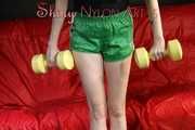 ***HOT***Watching our new Modell MIA during her workout with barbells wearing a hot green shiny nylon shorts and a black top (Pics)