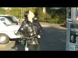 Enni riding the bicycle wearing a sexy shiny nylon shorts beneath the jeans and a downjacket on naked skin (Video)