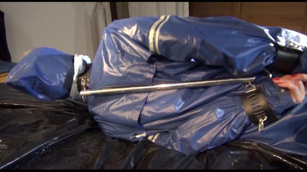 Pia Tied, Gagged And Hooded In Bed Wearing A Sexy Blue Agu Rainwear Combination (Video9