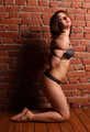 Barefoot Gwen in bra and panties, hogtied on the floor