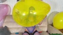 big natural tits balloon popping with scissor and high heels