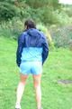 Enni wearing sexy blue shiny nylon shorts and rainjacket during her warm-up (Pics)