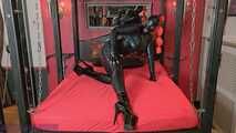Black rubber goddess commands: Cum on my boots, you dirty pig.