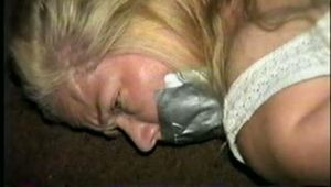 38 Yr OLD CASHIER IS HOG-TIED, TAPE & BANDANA GAGGED & TIED TO EXERCISE MACHINE (D30-8)
