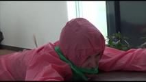 Mara tied and gagged bending over an commode wearing shiny pink nylon rainwear (Video)