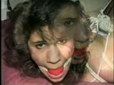 19 Yr OLD LATINA HOUSEWIFE WASHCLOTH MOUTH STUFFED, ACE BANDAGE WRAP GAGGED, BALL-GAGGED & HOG-TIED ON BED (D43-8)