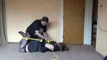 Hogtied in yellow ropes
