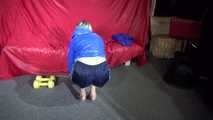 Watching sexy Sonja wearing a supersexy oldschool blue shiny nylon shorts and a lightblue rain jacket during her workout with barbells (Video)