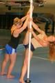 Katharina and Jenny during their workout in the fitness center wearing sexy shiny nylon shorts and tops (Pics)
