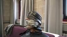 Rey Sanson bound and gagged in a shiny nylon Rainwear gets Pants ripped of