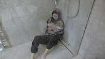 Myxxxy got a messy experience in nylon Rainwear. I bound and gagged her with tape in a shiny nylon Rainsuit and served her a chocolate pudding. 