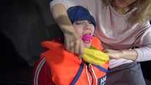 Watching Jill wearing a sexy shiny nylon rain pants and three shiny nylon rain jackets and a life jacket being tied and gagged and HOODED three times (Video)