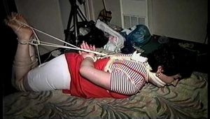 25 Yr OLD 2nd GRADE SCHOOL TEACHER IS ROPE HOG-TIED ON BED, BAREFOOT, TOE-TIED, CLEAVE GAGGED, GAG-TALKING AND WEARING A  GRANNY GIRDLE (D74-5)
