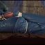Alina tied, gagged and hooded on a princess bed in an old cellar wearing a shiny blue downwear (Video)