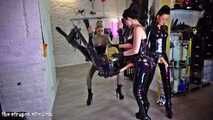 Three rubber goddesses gangbang a poor,bound slave