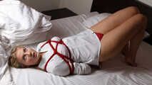 Albina Rose: barefoot girl in white shirt and red panties, with her hands tied up behind her back, poses to the camera without rope on her legs, and then frogtied