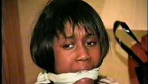 BLACK FEISTY & CUTE SARAH CHAIR TIED IN BLACK JEANS, CLEAVE GAGGED & GAG TALKS ON PHONE (D40-12)