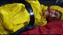 Sonja tied, gagged and hooded on bed with tape wearing a supersexy yellow rainwear combination (Video)