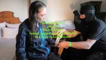 Rachel Adams bound, pantygagged and pantyhooded in shiny nylon Rainwear