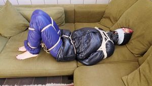 Myxxxy bound and gagged in shiny nylon Downwear