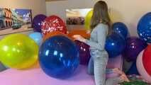 girlfriend pops your big balloons with wooden stick, fingernails and lighter