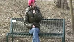 Marlin wearing sexy shiny nylon downwear and a jeans going for a walk (Video)