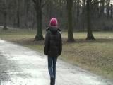Marlin wearing sexy shiny nylon downwear and a jeans going for a walk (Video)