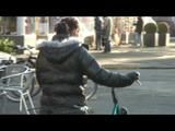 Enni riding the bicycle wearing a sexy shiny nylon shorts beneath the jeans and a downjacket on naked skin (Video)