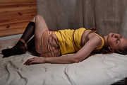 Jute shibari pentagram and tied legs in yellow shirt