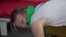 Sexy Pia being tied and gagged with ropes and a cloth gag on a stool wearing a sexy blue shiny nylon shorts and a tshirt (Video)