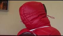 Jill tied, gagged and hooded on a chair wearing two downjackets for breath control play (Video)