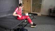 Rachel Adams in shinynylon Jumpsuit doing Selfbondage