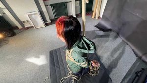 Myxxxy bound gagged and vibed in shiny nylon Rainwear and finally suspended