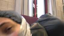 Rey Sanson bound and gagged in a shiny nylon Rainwear gets Pants ripped of