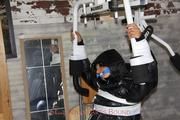 Katharina tied and gagged in a shiny nylon downcoat and shiny nylon pants
