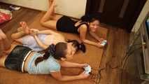 Lucky, La Pulya, Xenia - Gorgeous go-getters hogtie their cute friend to use her console (video)