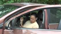 Jenna tramples on the pedal and slave sucks on the gas