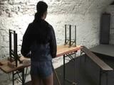 Jill Diamond cleaning up a cellar while wearing sexy shiny nylon shorts (Video)