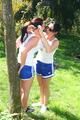 Jill tied and gagged by her friend in shiny nylon shorts