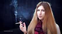 Mysterious girl Valya poses on camera with a tasty 120mm cigarette